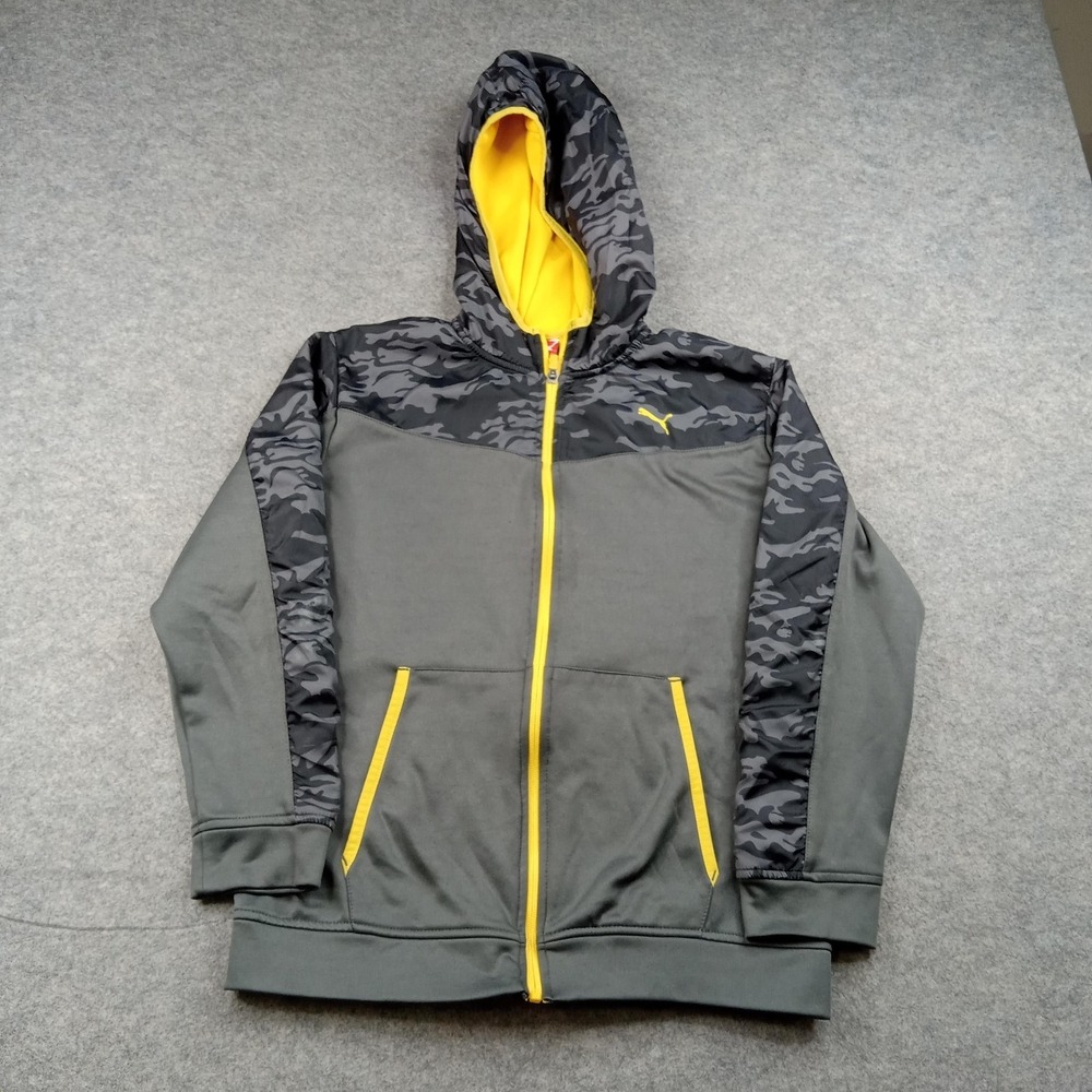 Puma Hoodie Boys Large Gray Camo Full Zip Fleece Sweatshirt Logo Yellow Trim‎